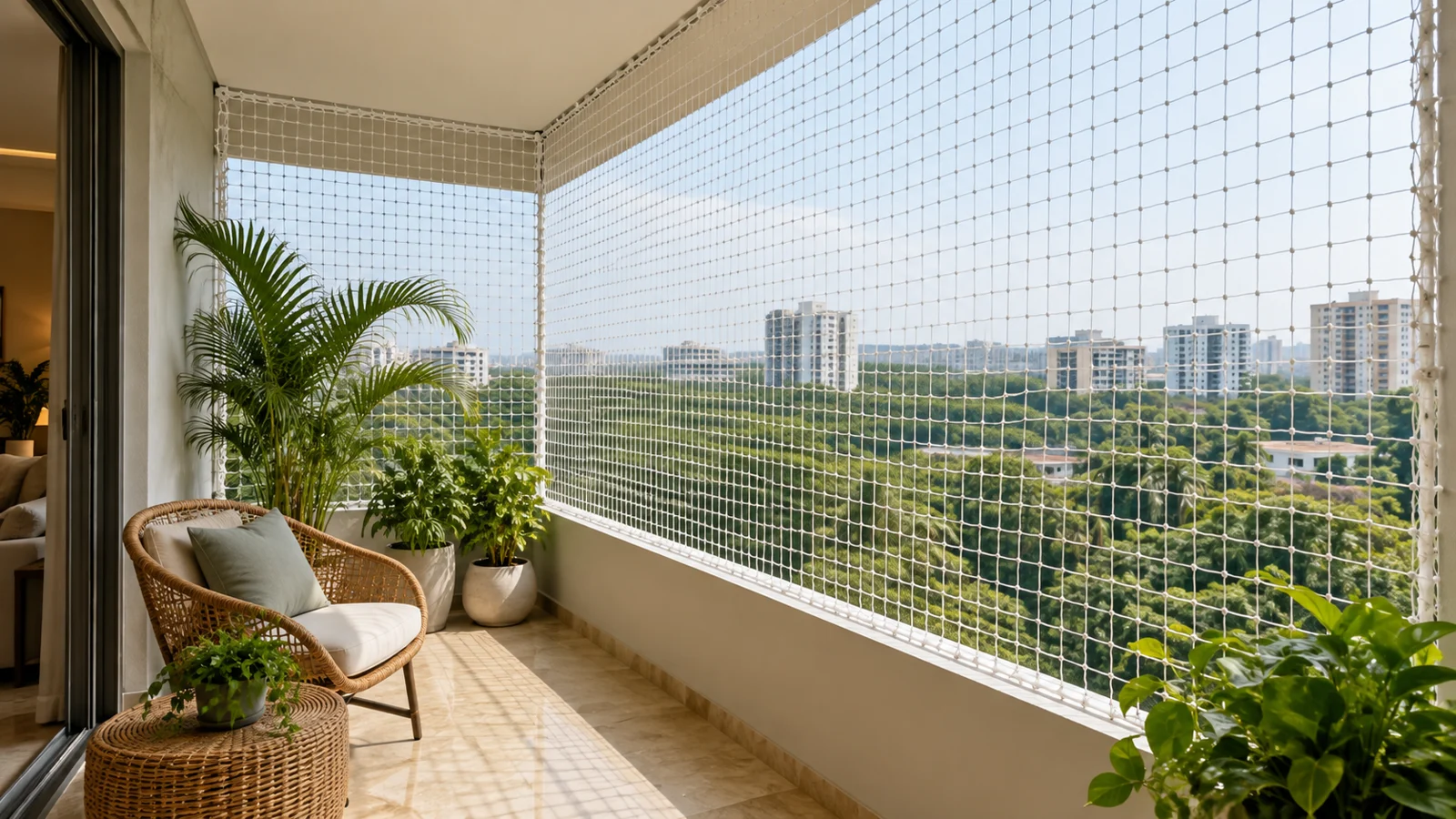 Illustrative balcony enclosed with nylon safety net