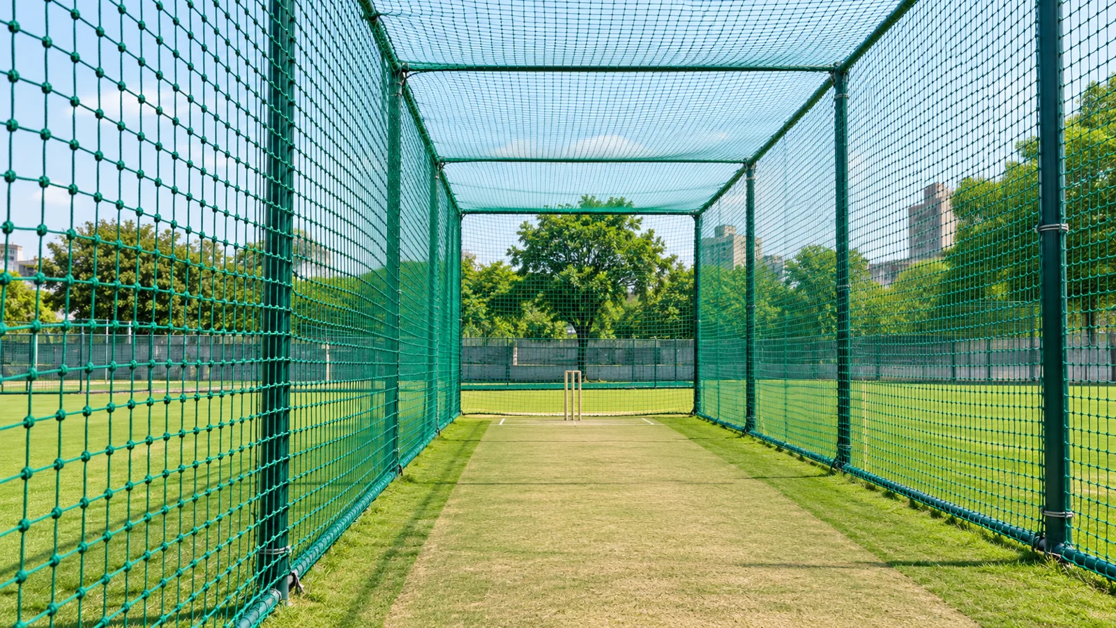 Illustrative green cricket practice net enclosure